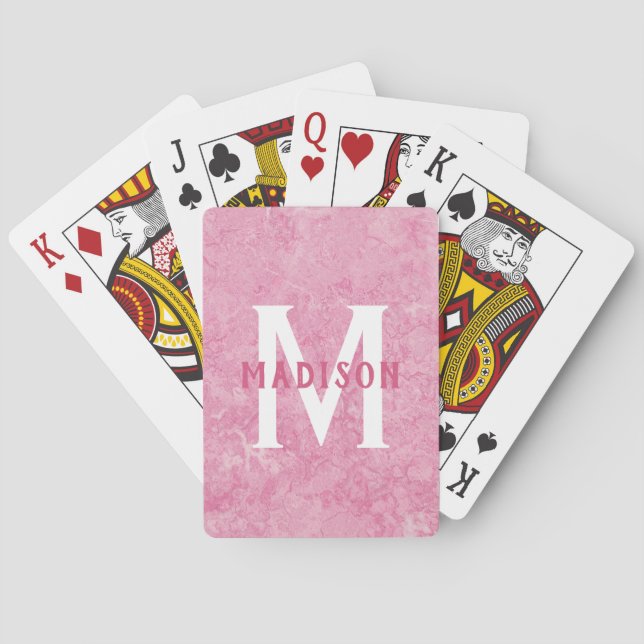 Custom monogram & name Faux Pink Marble card deck (Back)