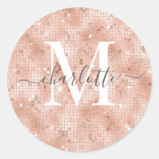 Custom Monogram Name Faux Rose Gold Glitter Foil Classic Round Sticker (Front)