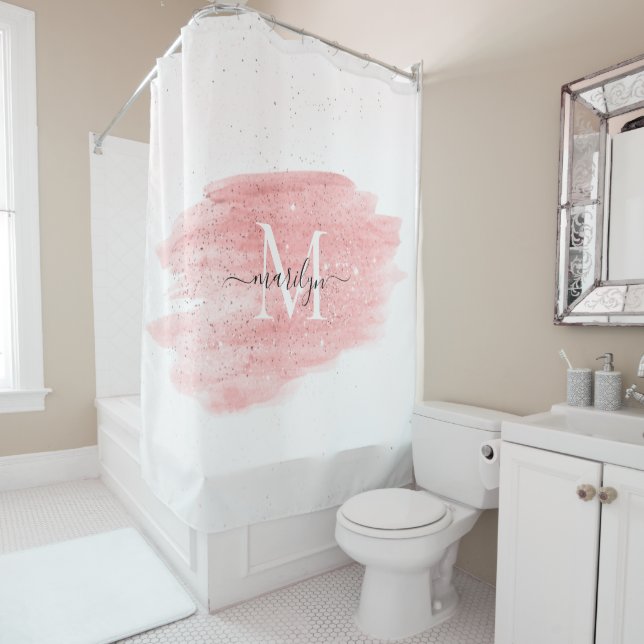 Custom Monogram Name Girly Blush Pink Glitter  Shower Curtain (In Situ)
