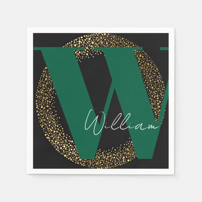 custom Monogram name gold black green stylish Napkin (Front)