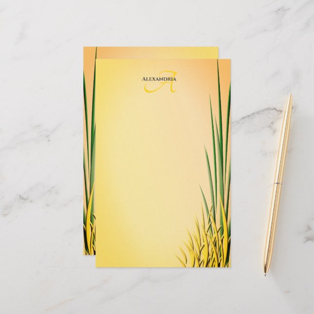 Custom Monogram Name Grass Border  Stationery (Front/Back In Situ)