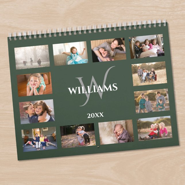 Custom Monogram Name Green Photo Calendar (Custom Monogram Name Green Photo Calendar in situ)