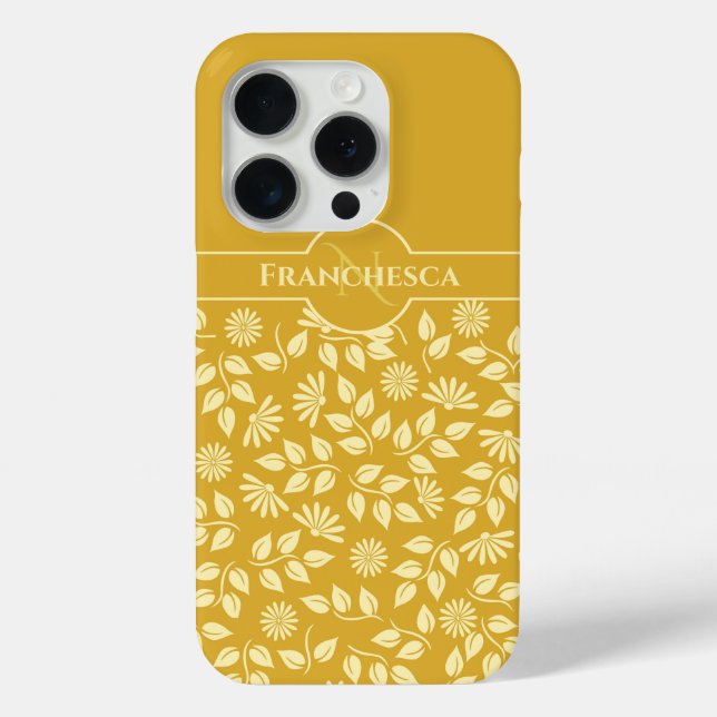 Custom Monogram Name Leaves Daisies Golden Yellow Case-Mate iPhone Case (Back)