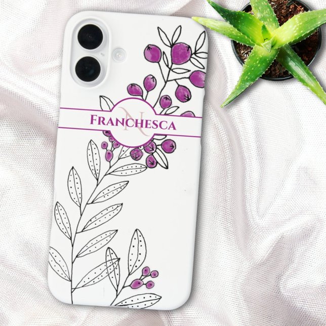 Custom Monogram Name Leaves Purple Berries Art Case-Mate iPhone Case (purple berries monogram phone case template)