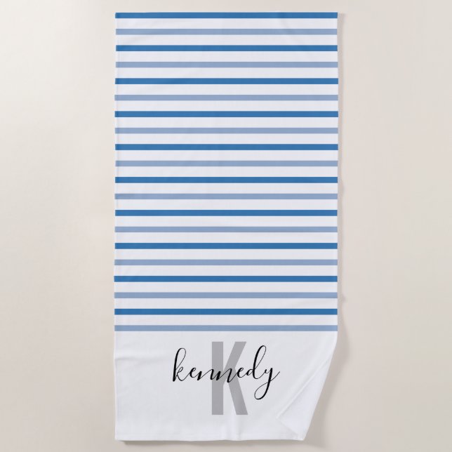 Custom Monogram Name Light blue Dark blue striped Beach Towel (Front)