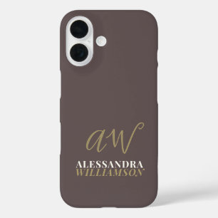 Custom Monogram Name Minimalist Elegant Brown Gold iPhone 16 Case