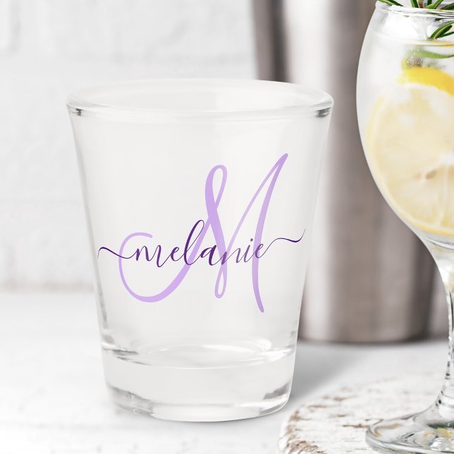 Custom Monogram Name Modern Handwriting Purple Shot Glass (Creator Uploaded)