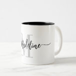 Custom Monogram Name Modern Script Swirls Two-Tone Coffee Mug<br><div class="desc">Elegant, modern coffee mug with your custom name and monogram in a trendy hand lettered script calligraphy design in minimalist grey and black, this typography driven design makes a great gift for coworkers, teachers, coaches, girlfriends, boyfriends, wives, daughters, or any other work or family member! Great for the office or...</div>