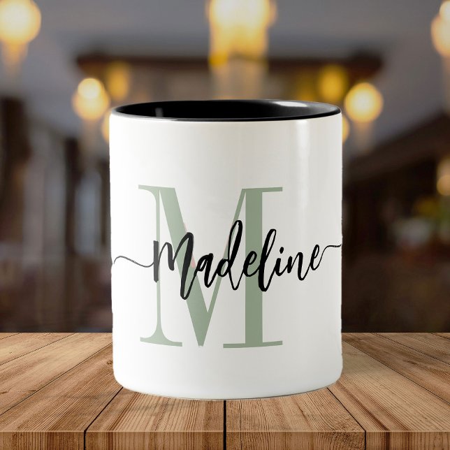 Custom Monogram Name Modern Script Swirls Two-Tone Coffee Mug (Creator Uploaded)