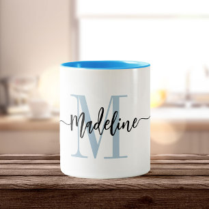 Custom Monogram Name Modern Script Swirls Two-Tone Coffee Mug