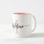 Custom Monogram Name Modern Script Swirls Two-Tone Coffee Mug<br><div class="desc">Elegant, modern coffee mug with your custom name and monogram in a trendy hand lettered script calligraphy design in minimalist blush pink and black, this typography driven design makes a great gift for coworkers, teachers, coaches, girlfriends, boyfriends, wives, daughters, or any other work or family member! Great for the office...</div>