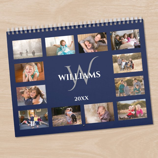 Custom Monogram Name Navy Blue Photo Calendar (Custom Monogram Name Navy Blue Photo Calendar in situ)
