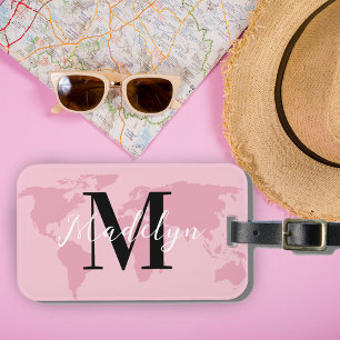 Custom Monogram Name Pink Map World Traveller Luggage Tag