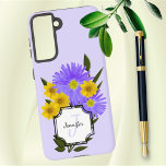 Custom Monogram Name Pretty Wildflowers Samsung Galaxy Case<br><div class="desc">This deisgn features purple and yellow wildflower photos mixed with digital art greenery. It includes templates for initial letter and name in a white clipped corner block. Personalise the text,  remove one text element or edit using the design tool to select a font style,  size,  and colour you prefer.</div>