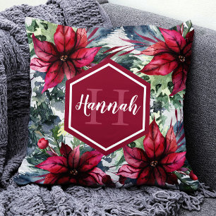 Custom Monogram Name Red Poinsettia Cushion