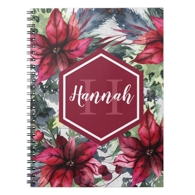 Custom Monogram Name Red Poinsettia Notebook (Front)