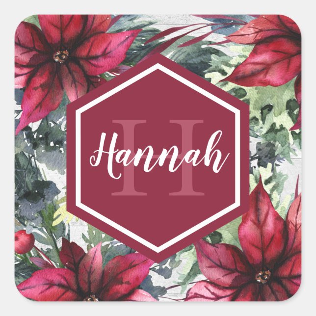 Custom Monogram Name Red Poinsettia Square Sticker (Front)