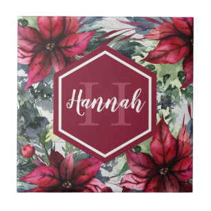 Custom Monogram Name Red Poinsettia Tile