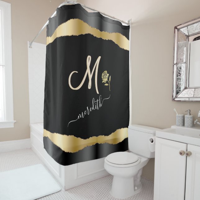 Custom Monogram Name Rose Elegant Gold Black  Shower Curtain (In Situ)
