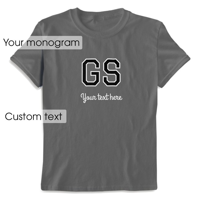 Custom Monogram Name Text Black Grey Graphic T-Shirt (Creator Uploaded)