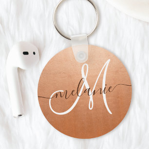 Custom Monogram Name Trendy Script Rose Gold Foil Key Ring