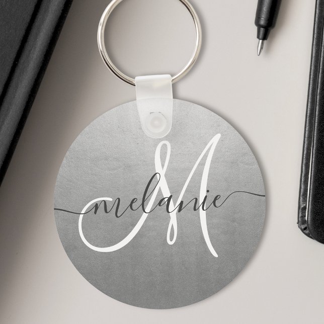 Custom Monogram Name Trendy Script Silver Foil Key Ring (Creator Uploaded)