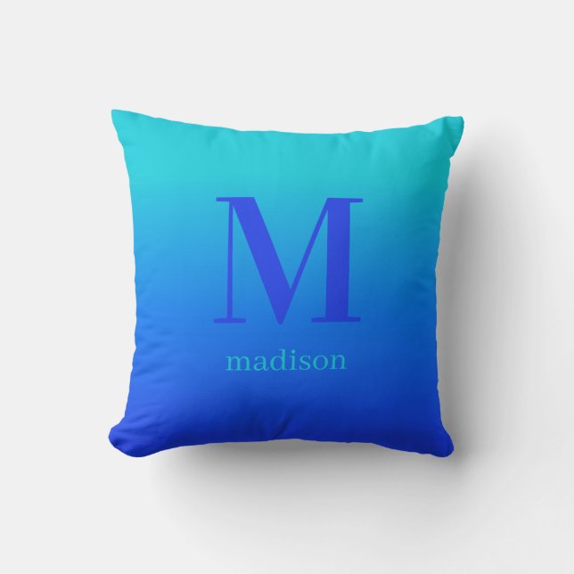 Custom monogram & name Turquoise to Blue Gradient Cushion (Front)