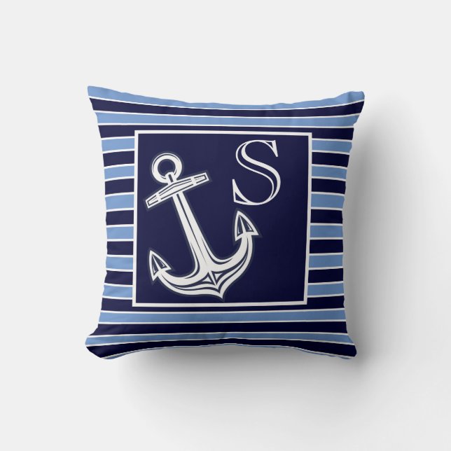 Custom Monogram Nautical Anchor Navy Blue stripes  Cushion (Front)