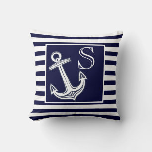 Custom Monogram Nautical Anchor Navy Blue stripes Cushion