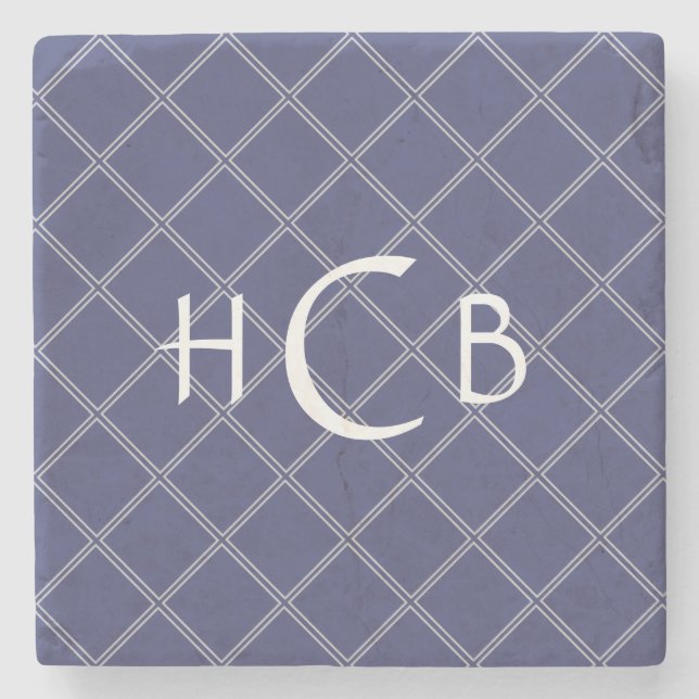 Custom Monogram Navy Blue and Silver Geometric Stone Coaster (Front)