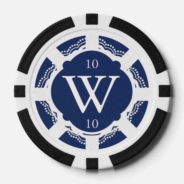 Custom Monogram Navy Blue and White Poker Chips (Front)