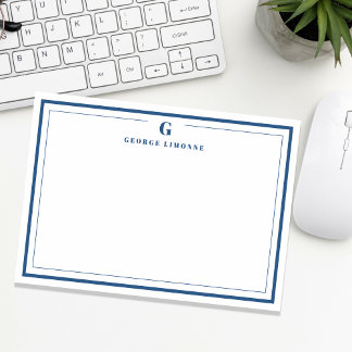 Custom Monogram Navy Blue Border Stationery Card