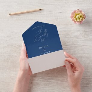 Custom monogram navy blue calligraphy wedding  all in one invitation