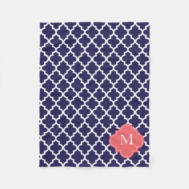 Custom Monogram Navy Coral Quatrefoil Pattern Fleece Blanket (Front)
