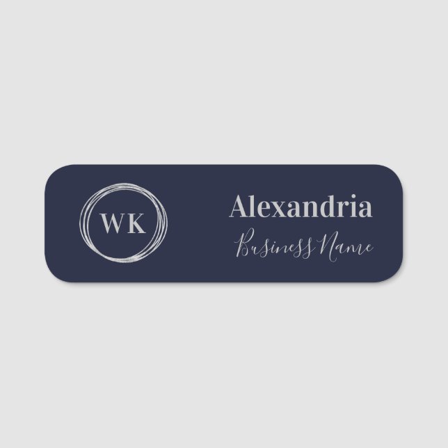 Custom Monogram Navy Silver Employee Name Tag (Front)