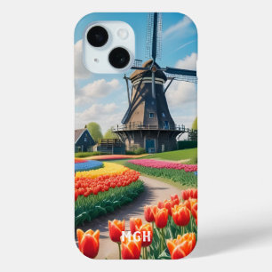 Custom Monogram Netherlands Windmill & Tulips iPhone 15 Case
