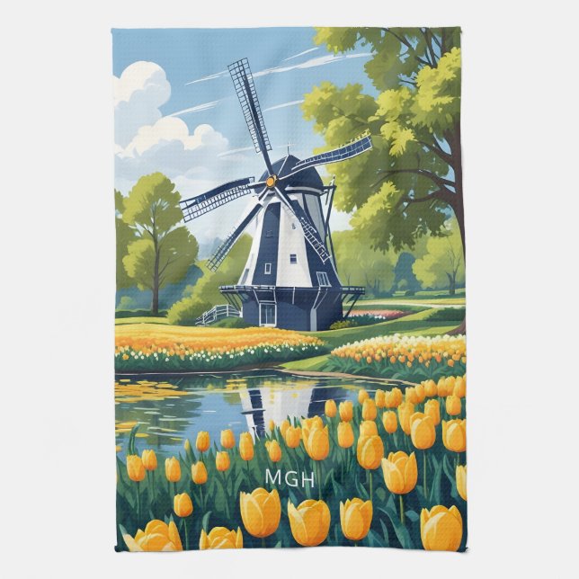 Custom Monogram Netherlands Windmills Tea Towel (Vertical)