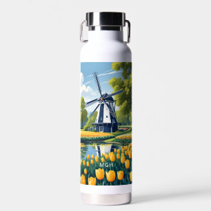 Custom Monogram Netherlands Windmills Water Bottle