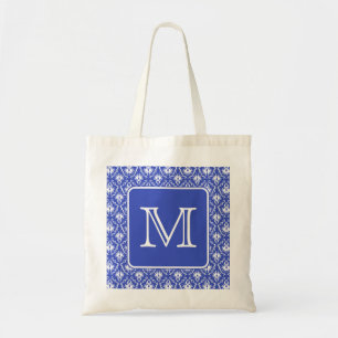 Custom Monogram, on Blue and White Damask Pattern. Tote Bag