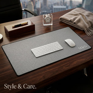 Custom Monogram on Elegant Grey Leather Look Desk Mat