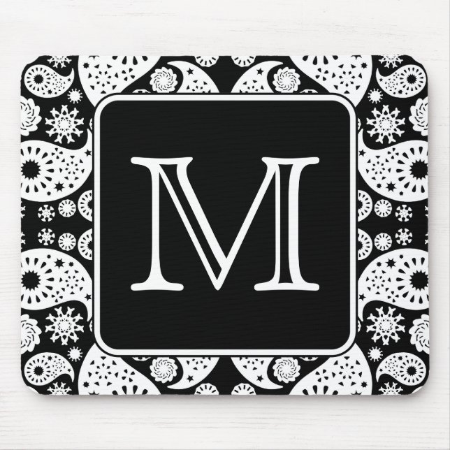 Custom Monogram on Monochrome Paisley Pattern. Mouse Pad (Front)