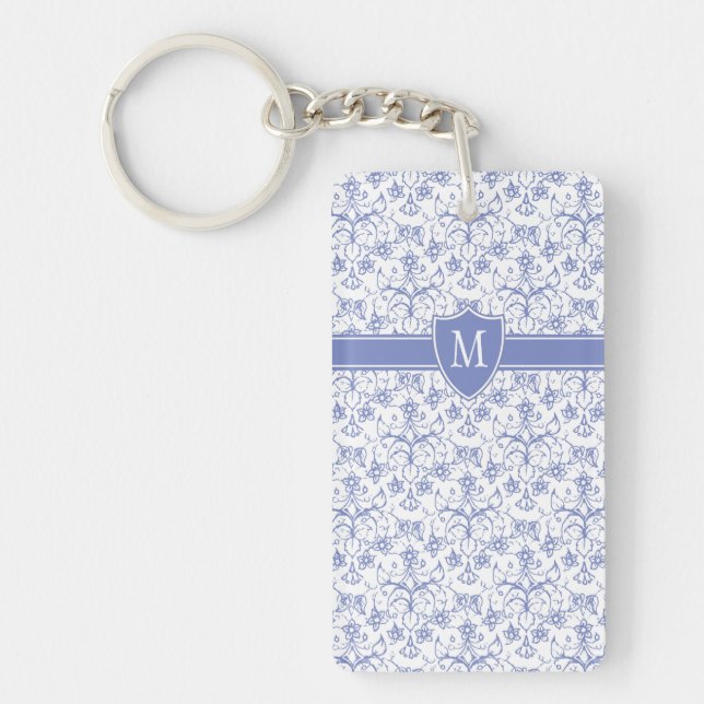 Custom Monogram on Stylish Blue Periwinkle Pattern Key Ring (Front)