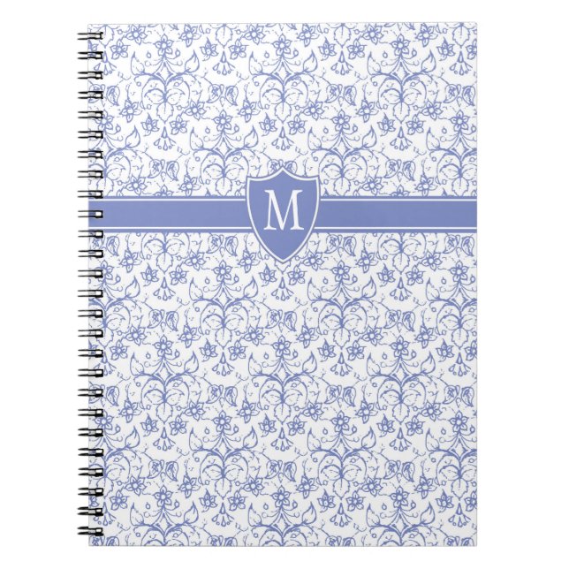 Custom Monogram on Stylish Blue Periwinkle Pattern Spiral Notebook (Front)