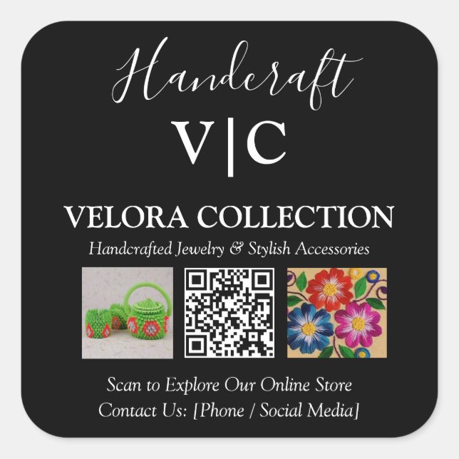 Custom Monogram or Logo QR Photo Square Sticker (Front)