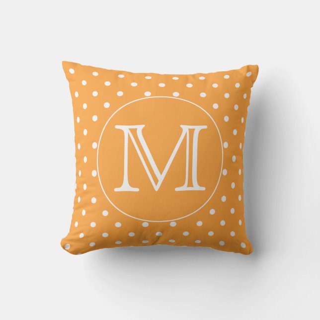 Custom Monogram. Orange and White Polka Dot. Cushion (Front)