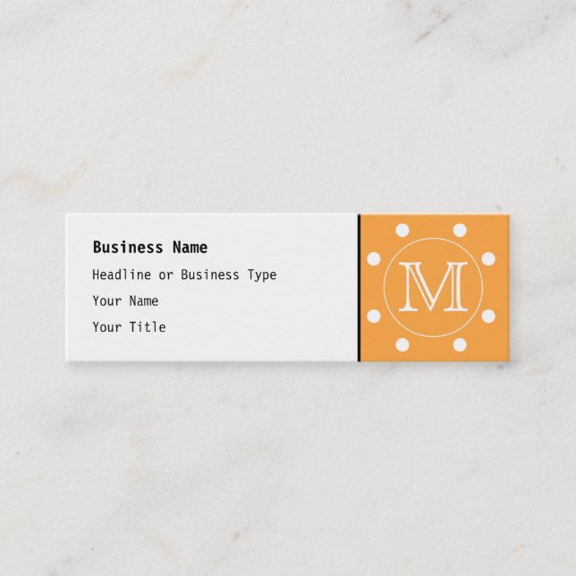 Custom Monogram. Orange and White Polka Dot. Mini Business Card (Front)