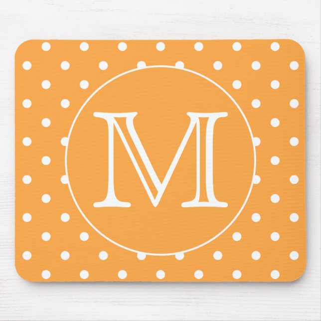 Custom Monogram. Orange and White Polka Dot. Mouse Pad (Front)