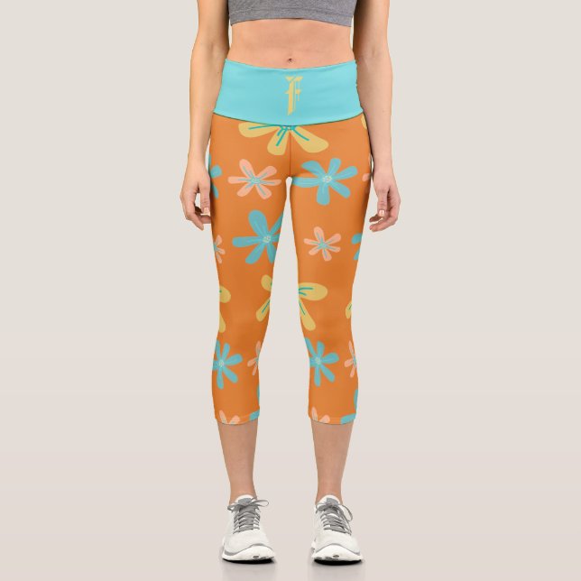 Custom Monogram Orange Yellow Modern Outfit Capri Leggings (Front)
