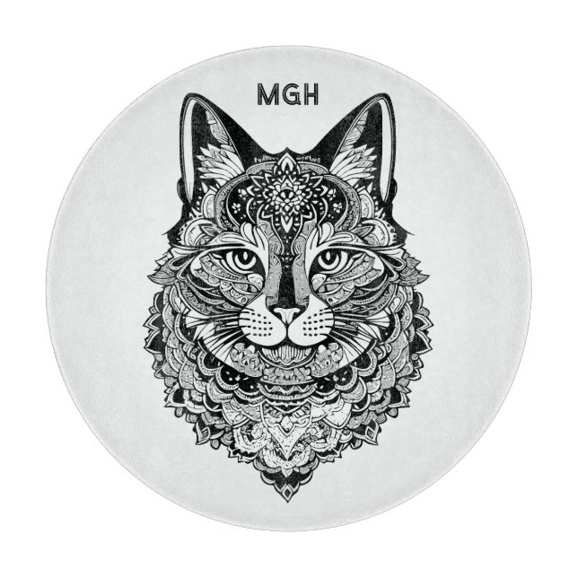 Custom Monogram Ornamental Cat Cutting Board (Front)