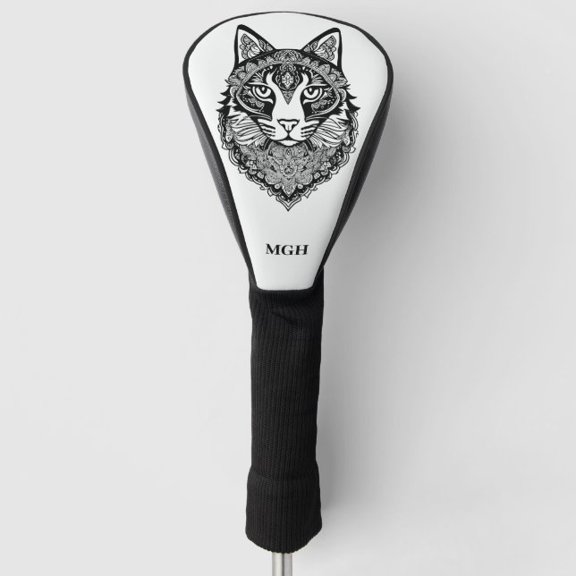 Custom Monogram Ornamental Cat Golf Head Cover (Front)